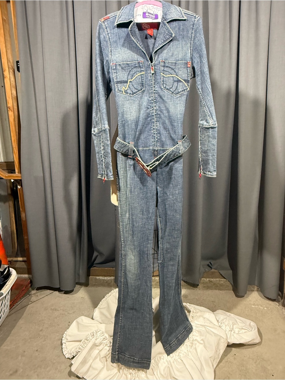 Eckored Denim Long-Sleeve Jumpsuit - Blue with red buckle